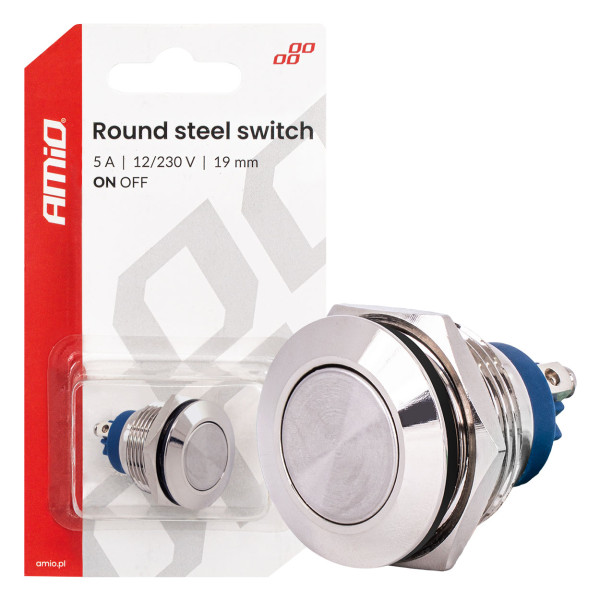 Apaļš metāla slēdzis ON/OFF 19 mm, 5 A, 12/230 V AMIO-04474