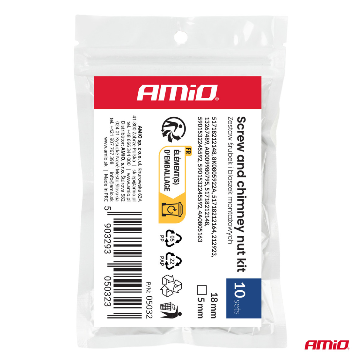 Skrūvju un stiprinājuma klipšu komplekts 18 mm, Ø 5 mm, 10 kompl., AMIO-05032
