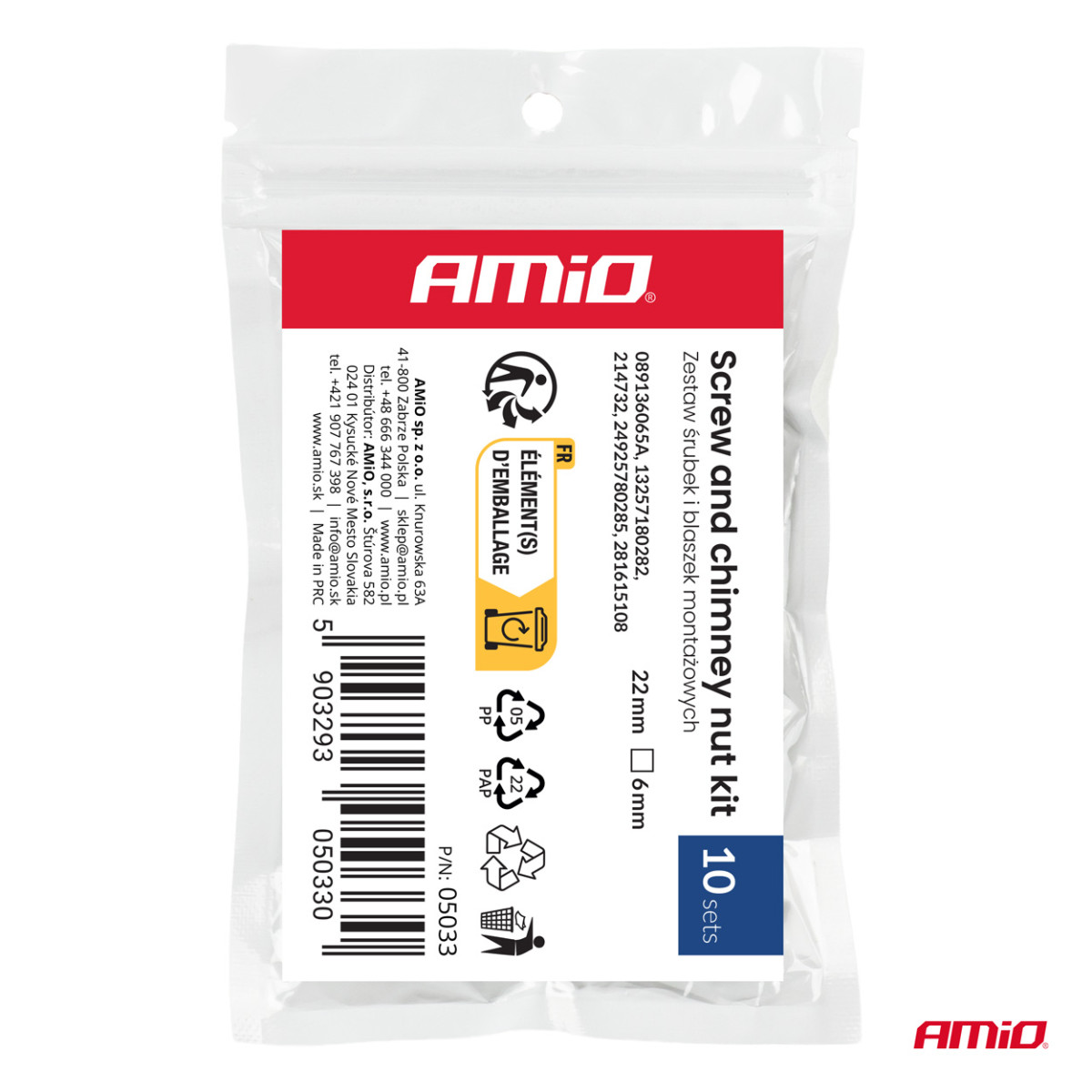 Skrūvju un stiprinājuma klipšu komplekts 22 mm, Ø 6 mm, 10 kompl., AMIO-05033