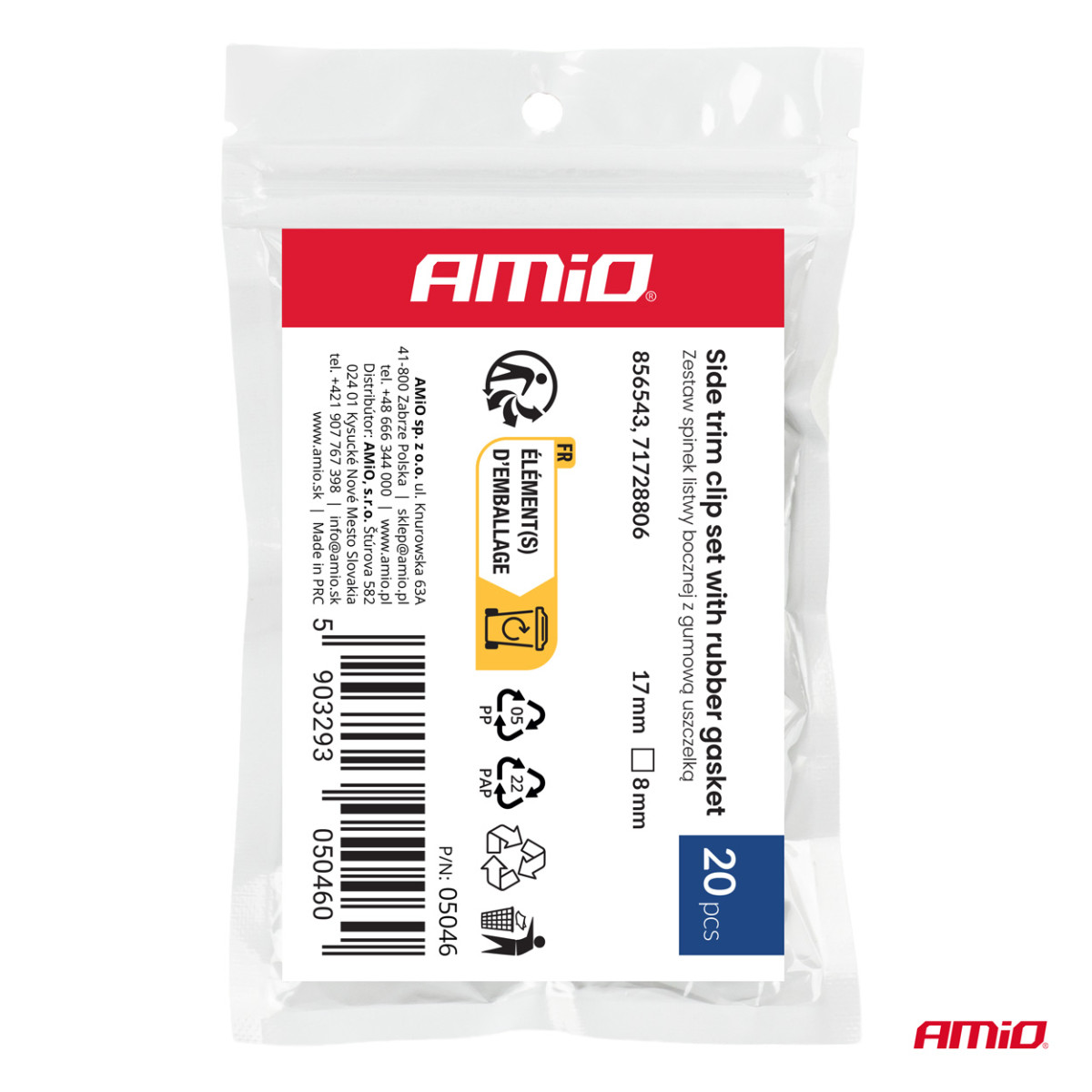 Sānu moldingu klipšu komplekts ar gumijas blīvi Ø 8 mm, 17 mm, 20 gab., AMIO-05046