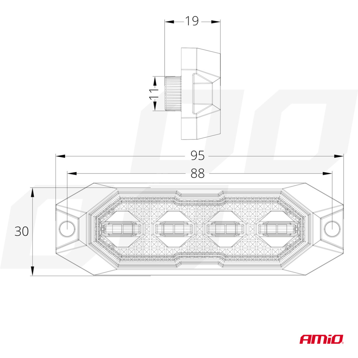 Plakana LED brīdinājuma mirgojoša lampa, oranža, 4x3W, R65 R10, 12V/24V, IP6K9K AMIO-03929