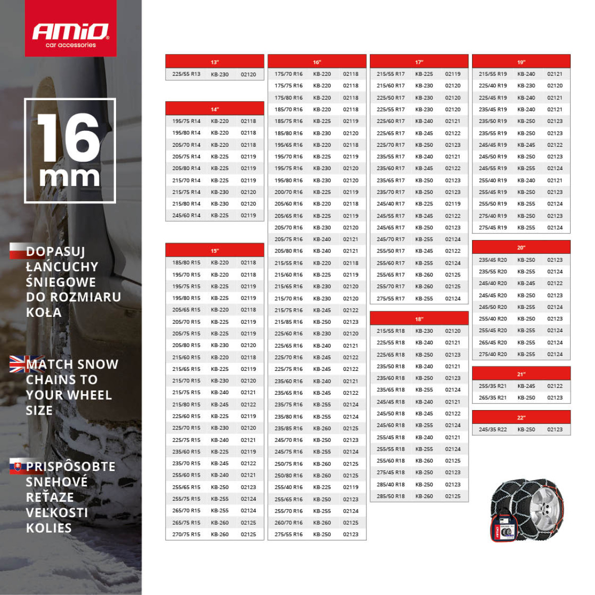 Sniega ķēdes 16 mm, 4x4 KB-220