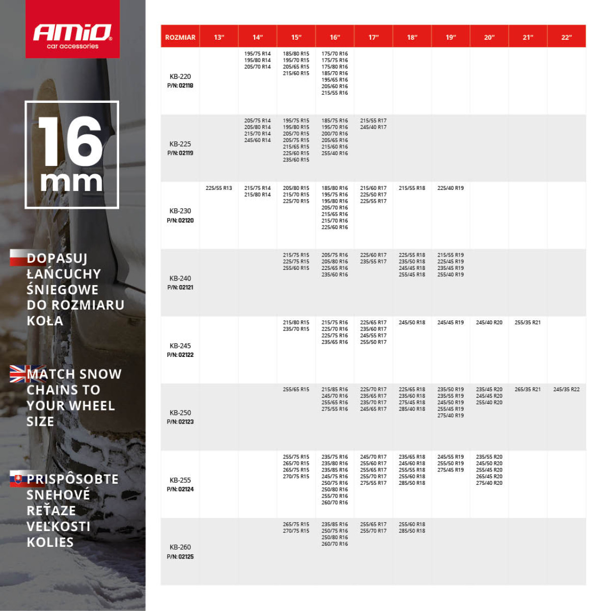 Sniega ķēdes 16 mm, 4x4 KB-220
