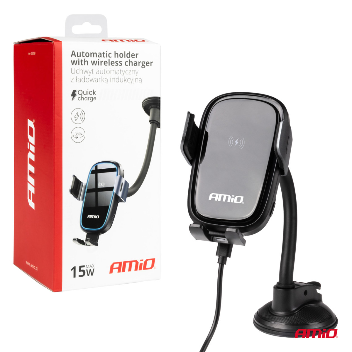 Tālruņa turētājs ar piesūcekni un bezvadu lādētāju 15W AMIO-03780
