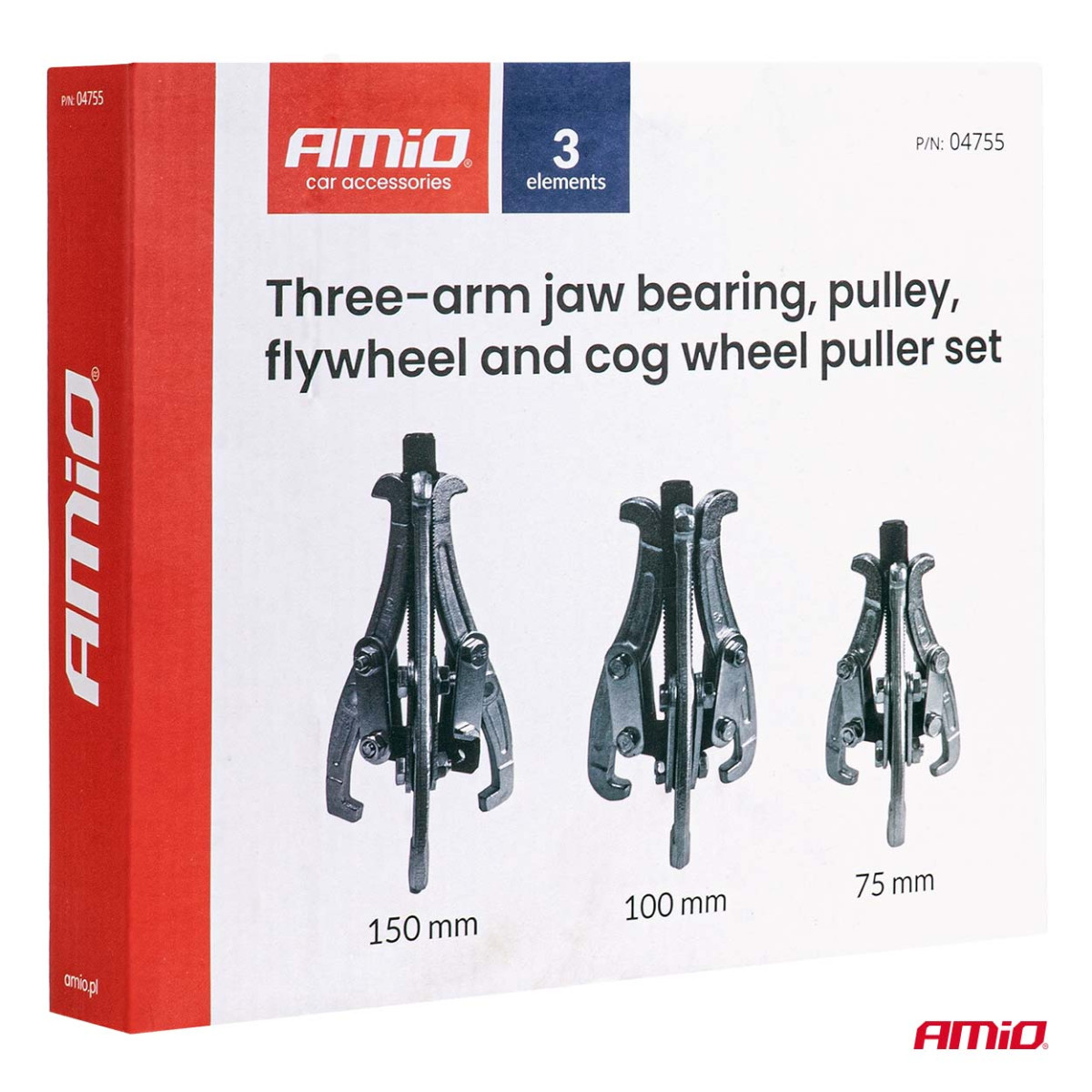 Trīsroku gultņu, skriemeļa, spararata un zobratu novilcēju instrumentu komplekts AMIO-04755