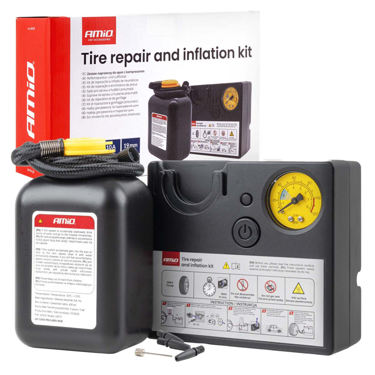 Riepu remonta komplekts ar kompresoru, 12 V, 19 mm, AMIO-04929