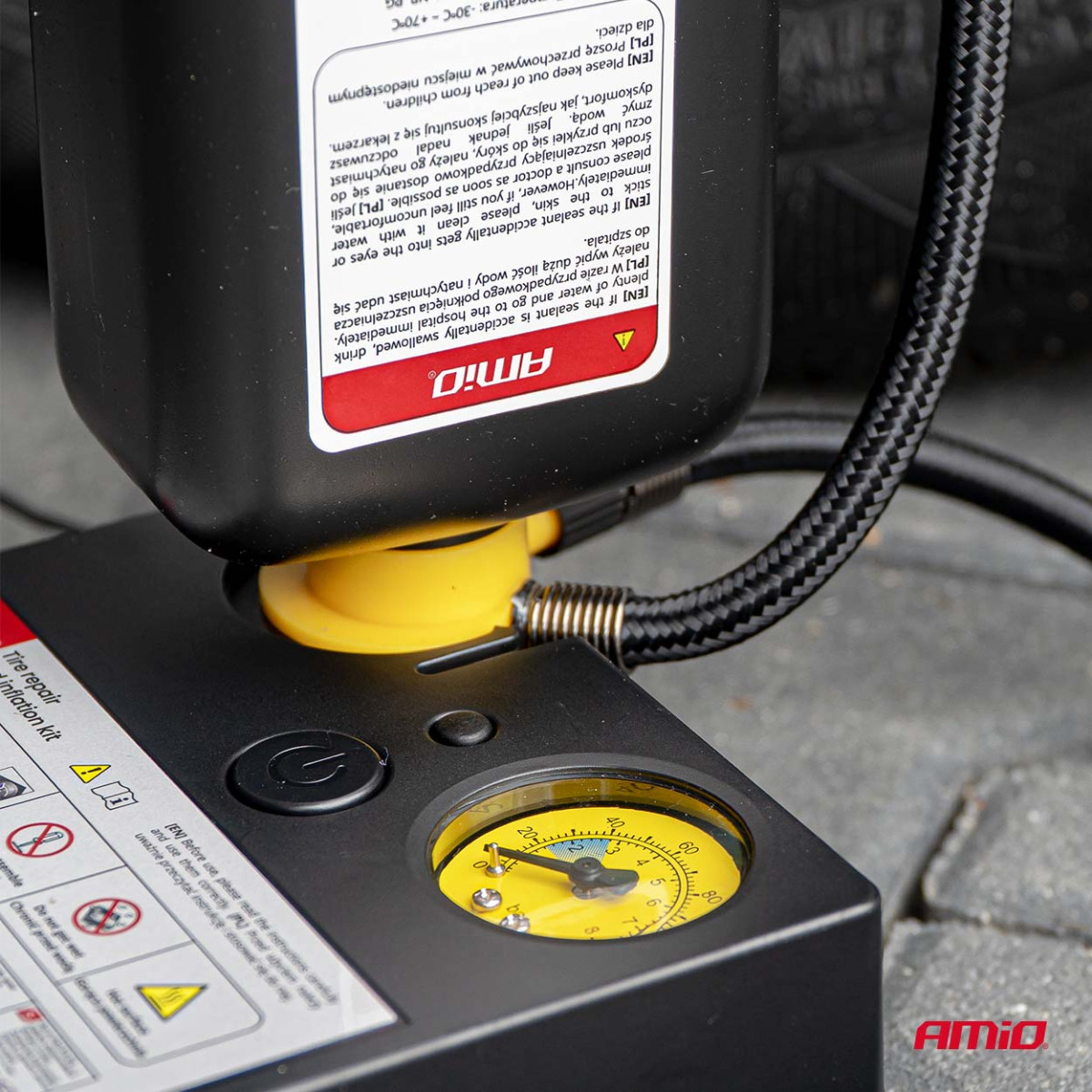 Riepu remonta komplekts ar kompresoru, 12 V, 19 mm, AMIO-04929