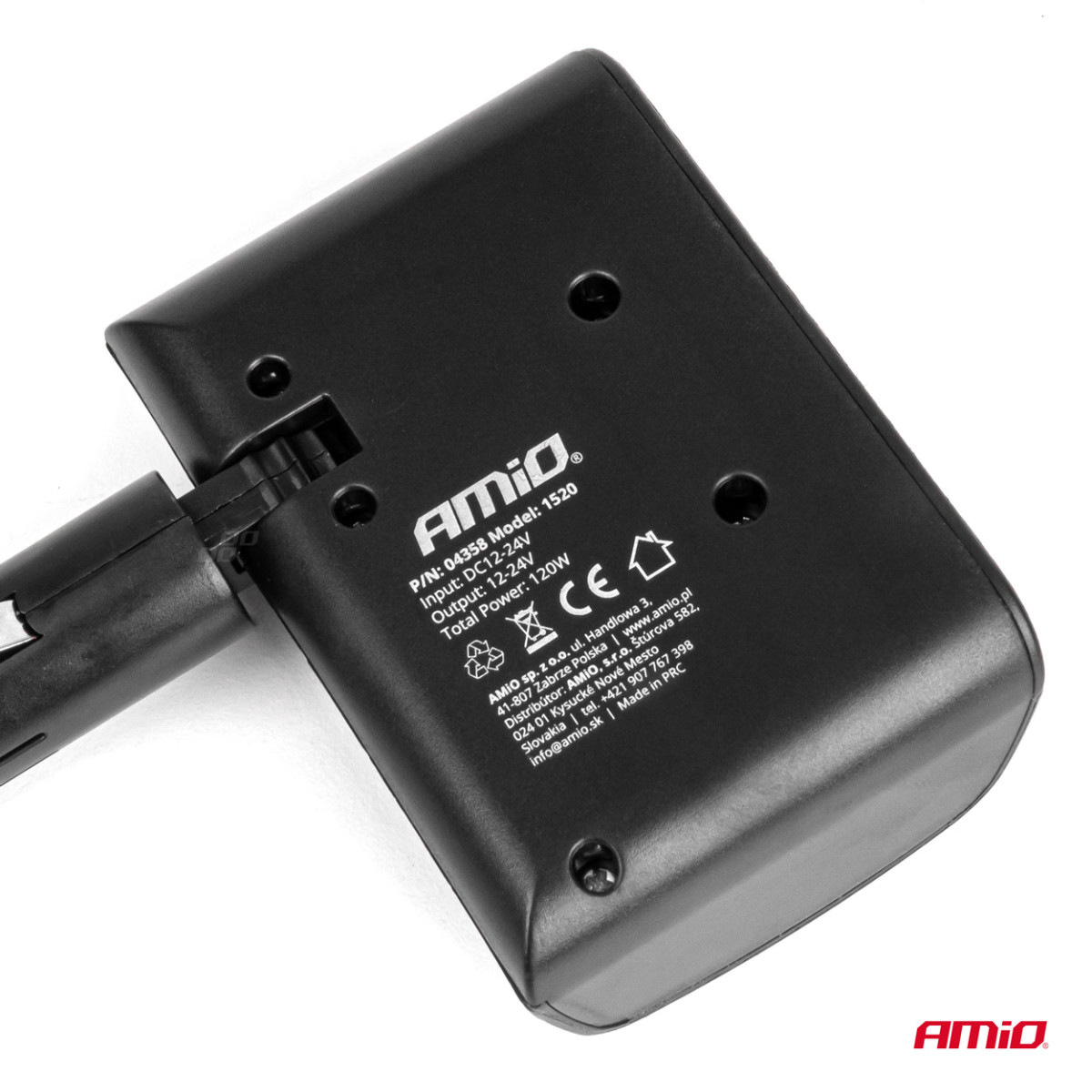 Trīs kontaktligzdu cigarešu šķiltavas pagarinātājs 12/24V 120W 90° AMIO-04358