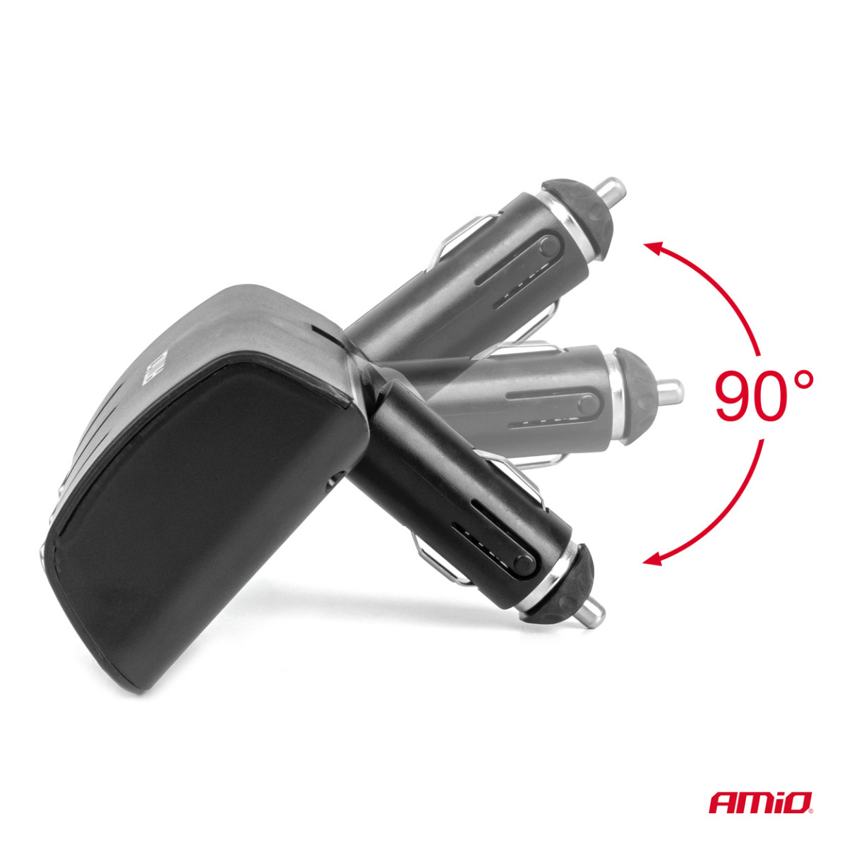 Trīs kontaktligzdu cigarešu šķiltavas pagarinātājs 12/24V 120W 90° AMIO-04358