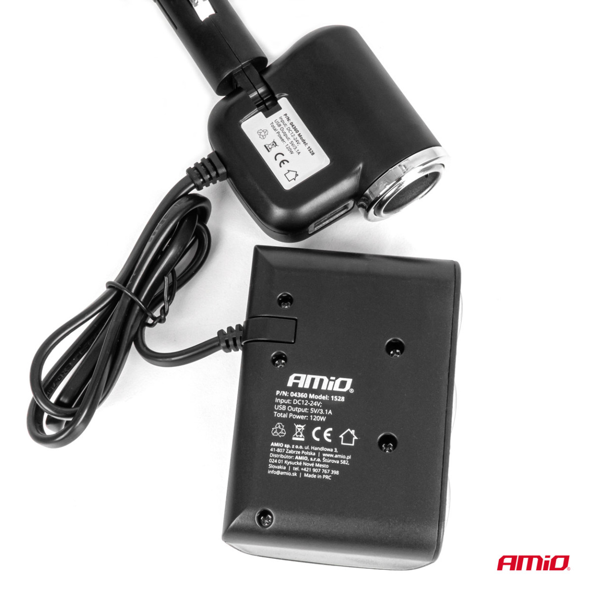 Trīs kontaktligzdu pagarinātājs ar lādētāju 1x USB-A + 1x cigarešu šķiltavas ligzda 12/24V 120W 80 cm AMIO-04360