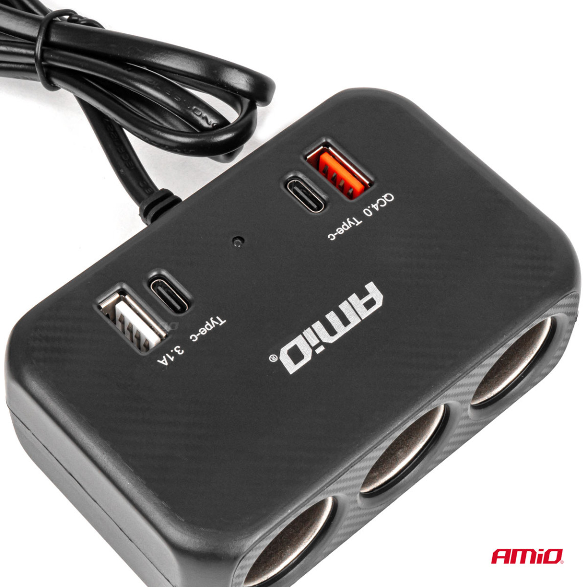 Trīs kontaktligzdu pagarinātājs ar lādētāju 1x USB-A + 1x USB-C QC 4.0 12/24V 120W 80 cm AMIO-04365