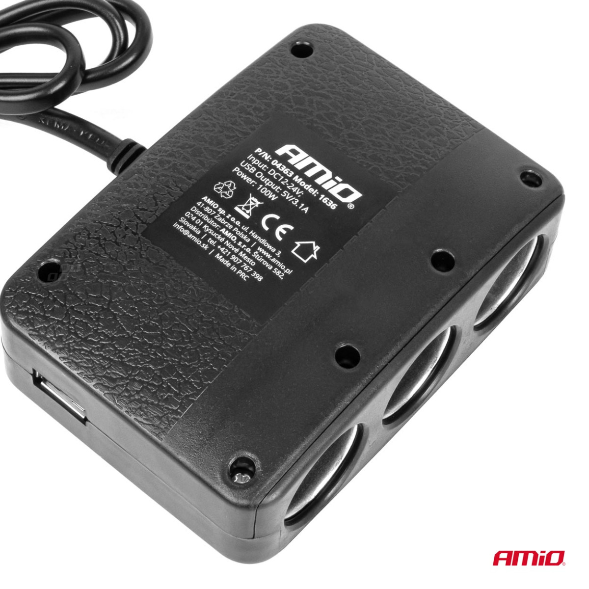 Trīs kontaktligzdu pagarinātājs ar lādētāju, ieslēgšanas/izslēgšanas pogu un LED indikatoru 2x USB-A 12/24V 100W 70 cm AMIO-04363