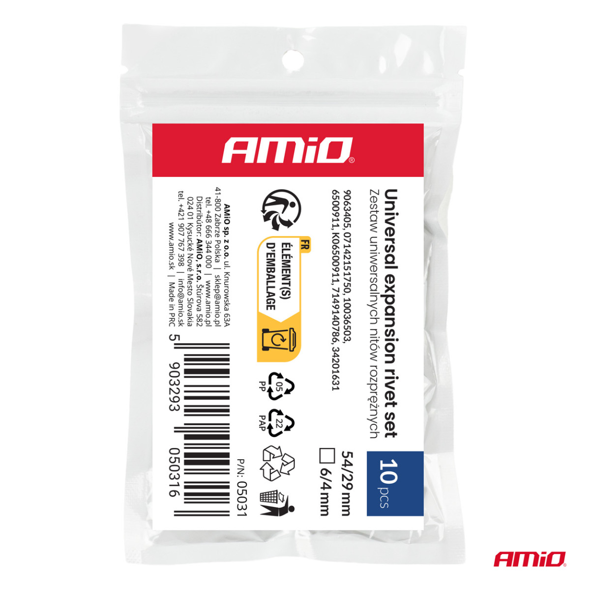 Universāls izplešanās kniedīšu komplekts 54/29 mm, Ø 6/4 mm, 10 gab., AMIO-05031