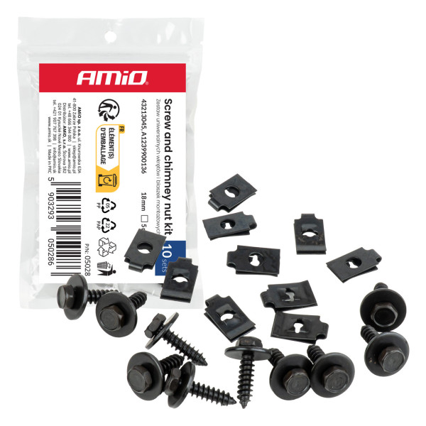 Universāls skrūvju un stiprinājuma klipšu komplekts 18 mm, Ø 5 mm, 10 kompl., AMIO-05028