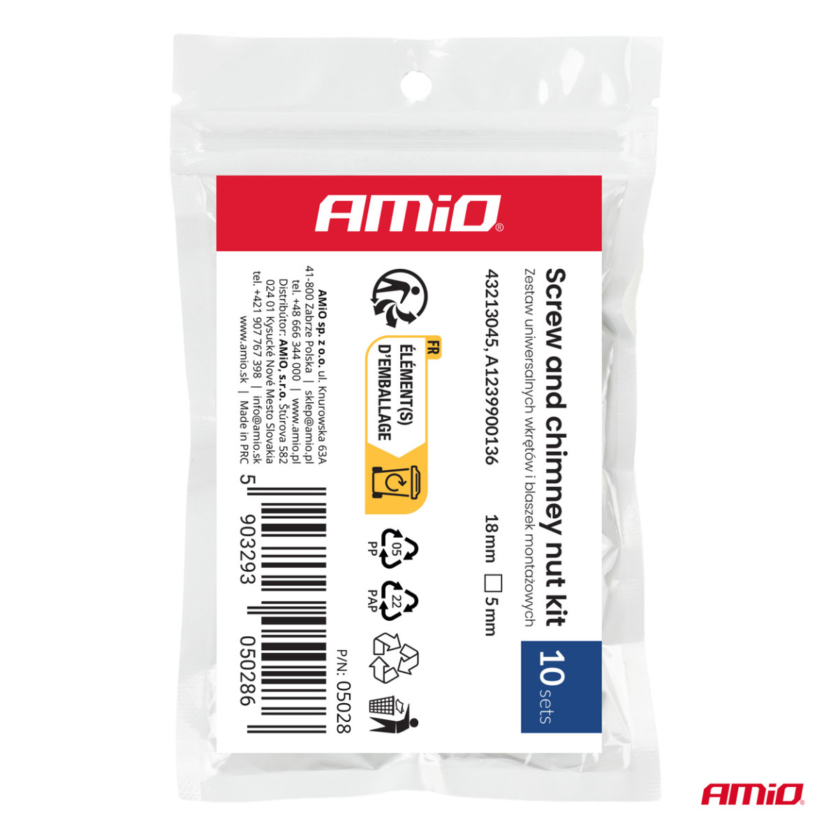 Universāls skrūvju un stiprinājuma klipšu komplekts 18 mm, Ø 5 mm, 10 kompl., AMIO-05028