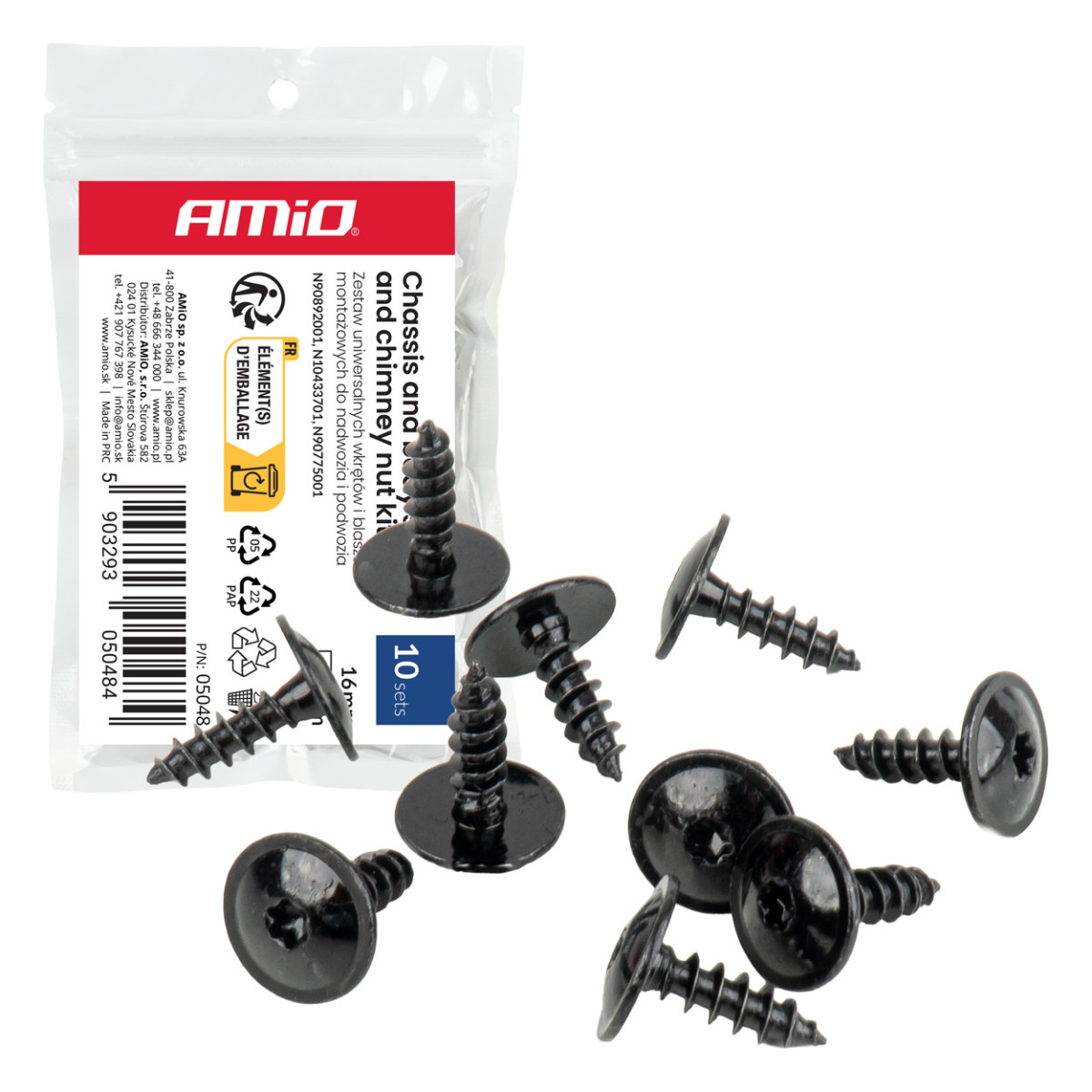 Universāls skrūvju un stiprinājuma klipšu komplekts virsbūvei un šasijai 16 mm, Ø 5 mm, 10 kompl., AMIO-05048