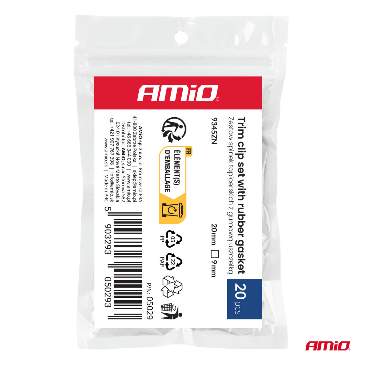 Apdares klipšu komplekts ar gumijas blīvi 20 mm, Ø 9 mm, 20 gab., AMIO-05029