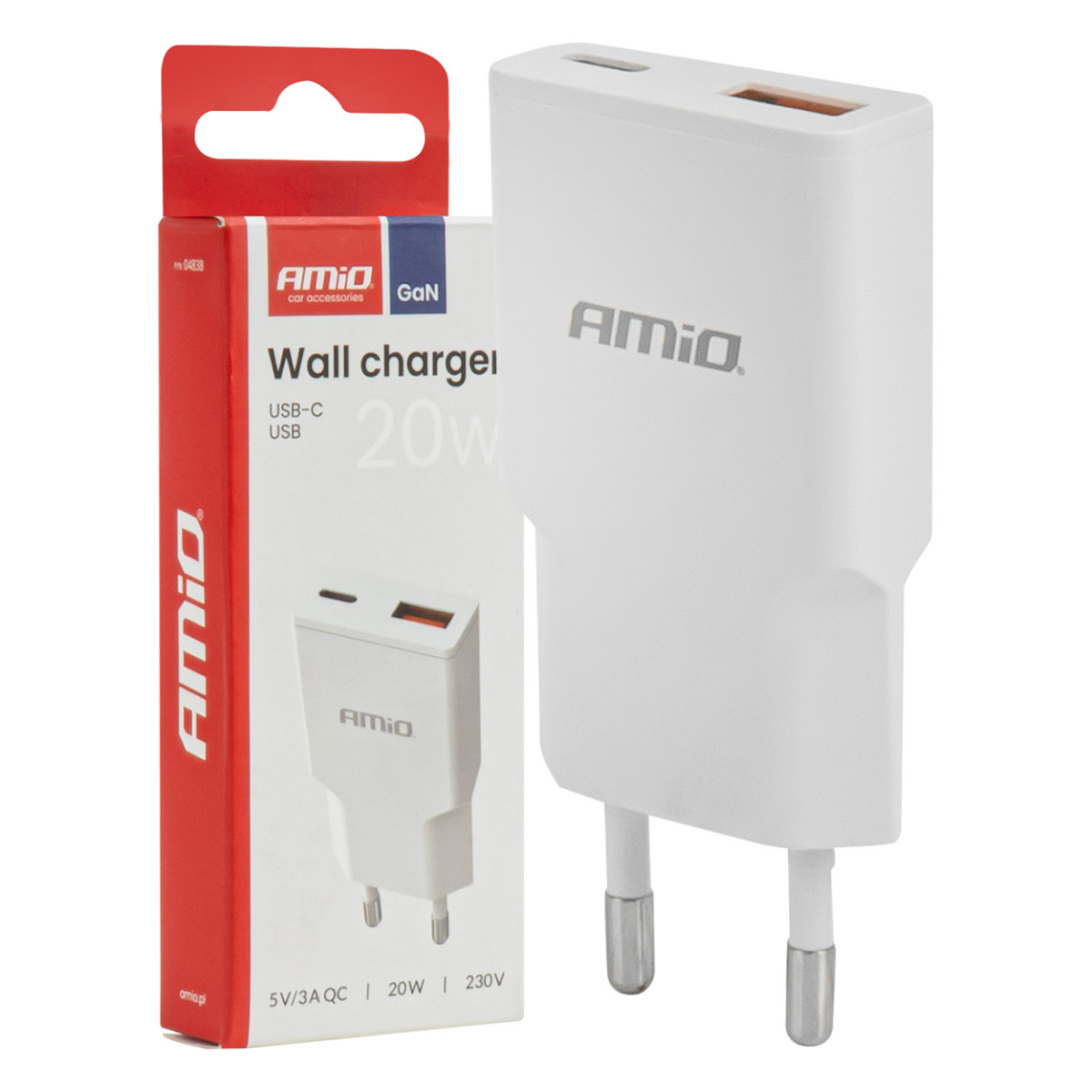 Tīkla lādētājs 230V 20W GaN USB-C USB-A AMIO-04838