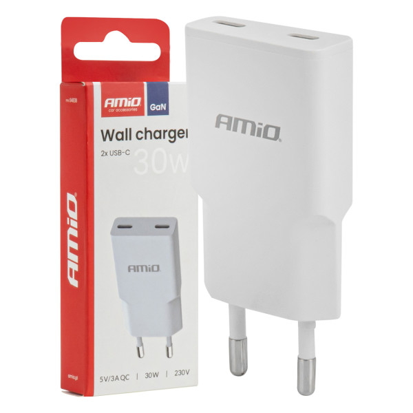 Tīkla lādētājs 230V 30W GaN 2x USB-C AMIO-04839