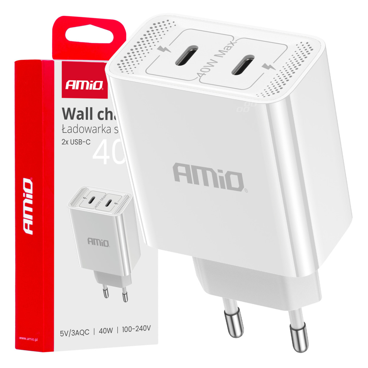 Sienas lādētājs 2xUSB-C 40W 230V AMIO-03892