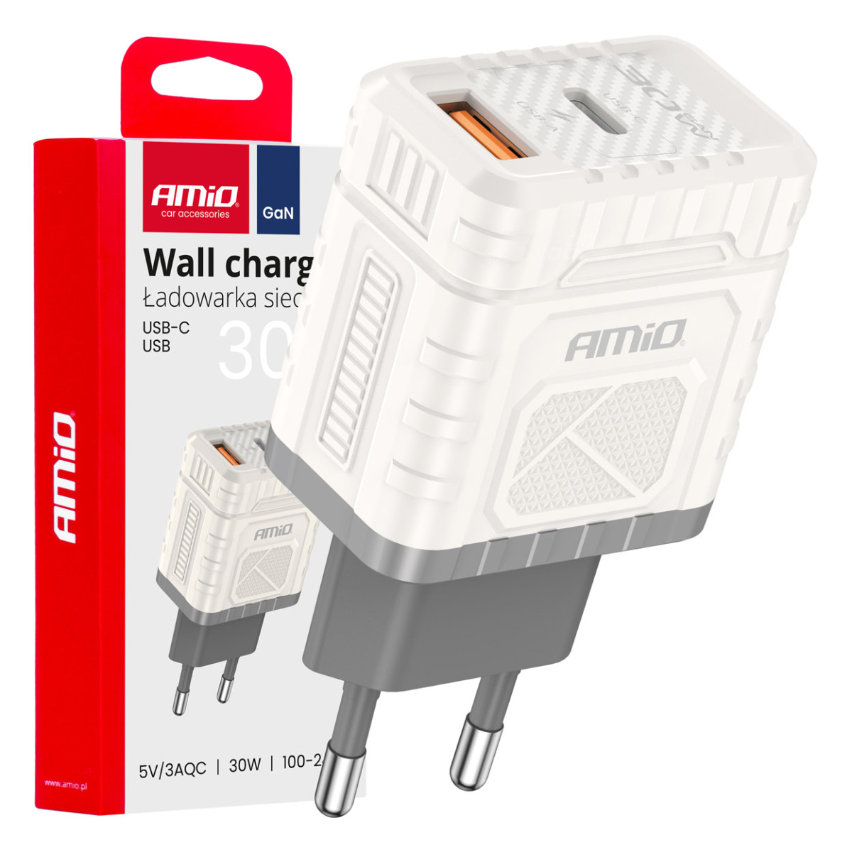 Sienas lādētājs Ātrā uzlāde GaN 30W USB-A + USB-C AMIO-04286