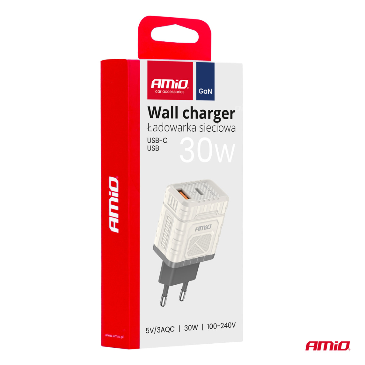 Sienas lādētājs Ātrā uzlāde GaN 30W USB-A + USB-C AMIO-04286