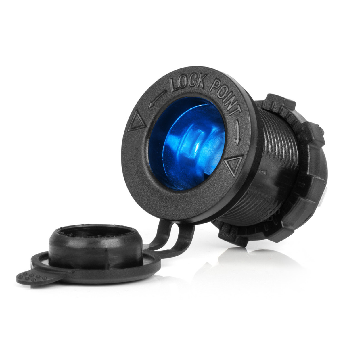 Ūdensizturīga automašīnas cigarešu šķiltavas kontaktligzda ar zilu LED apgaismojumu, 12/24V AMIO-04220