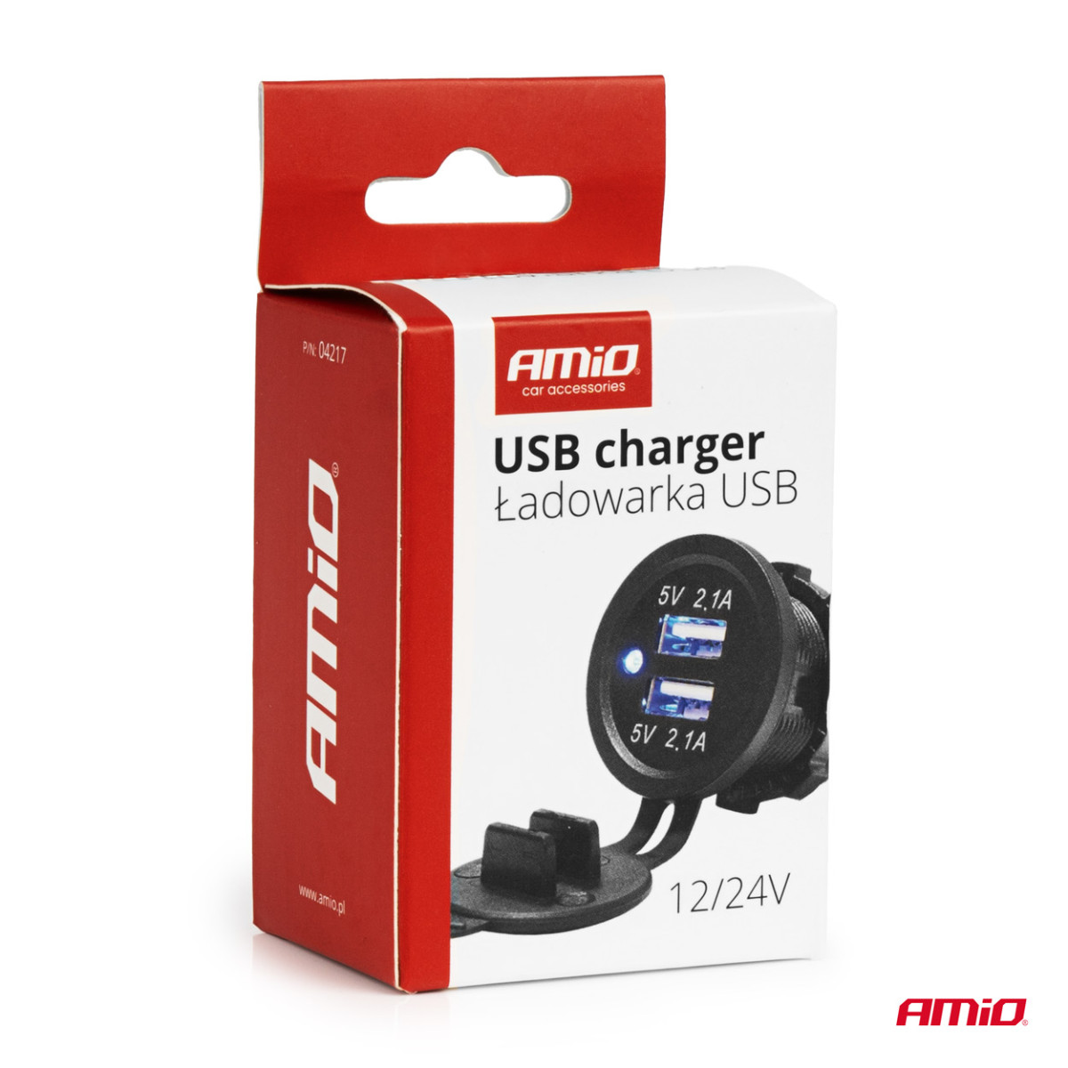 Ūdensizturīgs telefona lādētājs ar zilu LED indikatoru 4.2A, 2xUSB 12/24V AMIO-04217