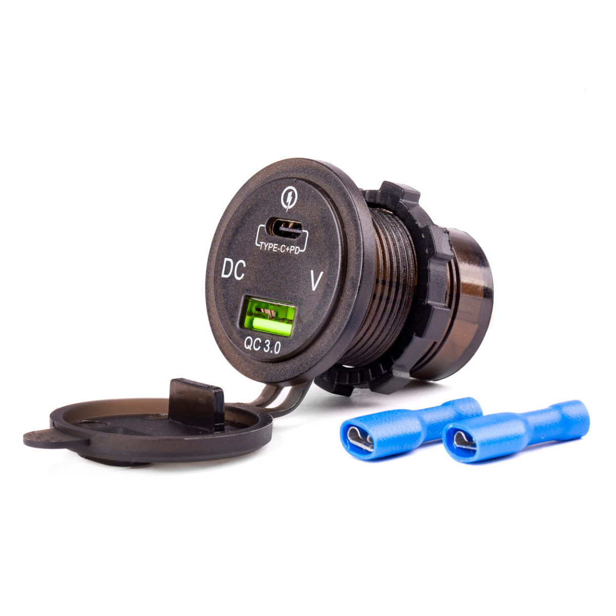 Ūdensizturīgs tālruņa lādētājs ar digitālo voltmetru USB + USB C 12/24V MOD-07