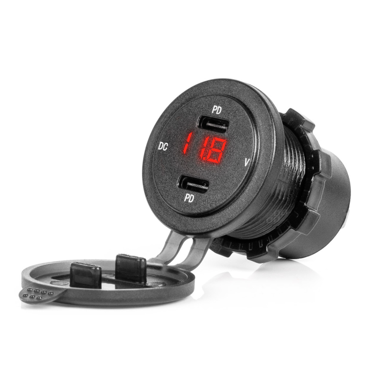 Ūdensizturīgs tālruņa lādētājs ar digitālo voltmetru un sarkanu LED indikatoru, 2xUSB-C 12/24V AMIO-04225