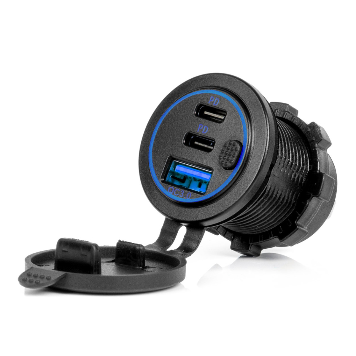 Ūdensizturīgs telefona lādētājs ar slēdzi un zilu LED apgaismojumu, USB + 2xUSB C QC3.0 12/24V AMIO-04596
