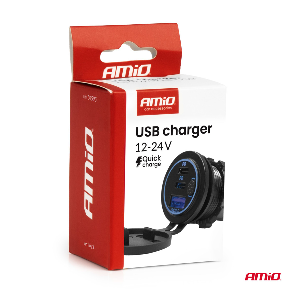 Ūdensizturīgs telefona lādētājs ar slēdzi un zilu LED apgaismojumu, USB + 2xUSB C QC3.0 12/24V AMIO-04596